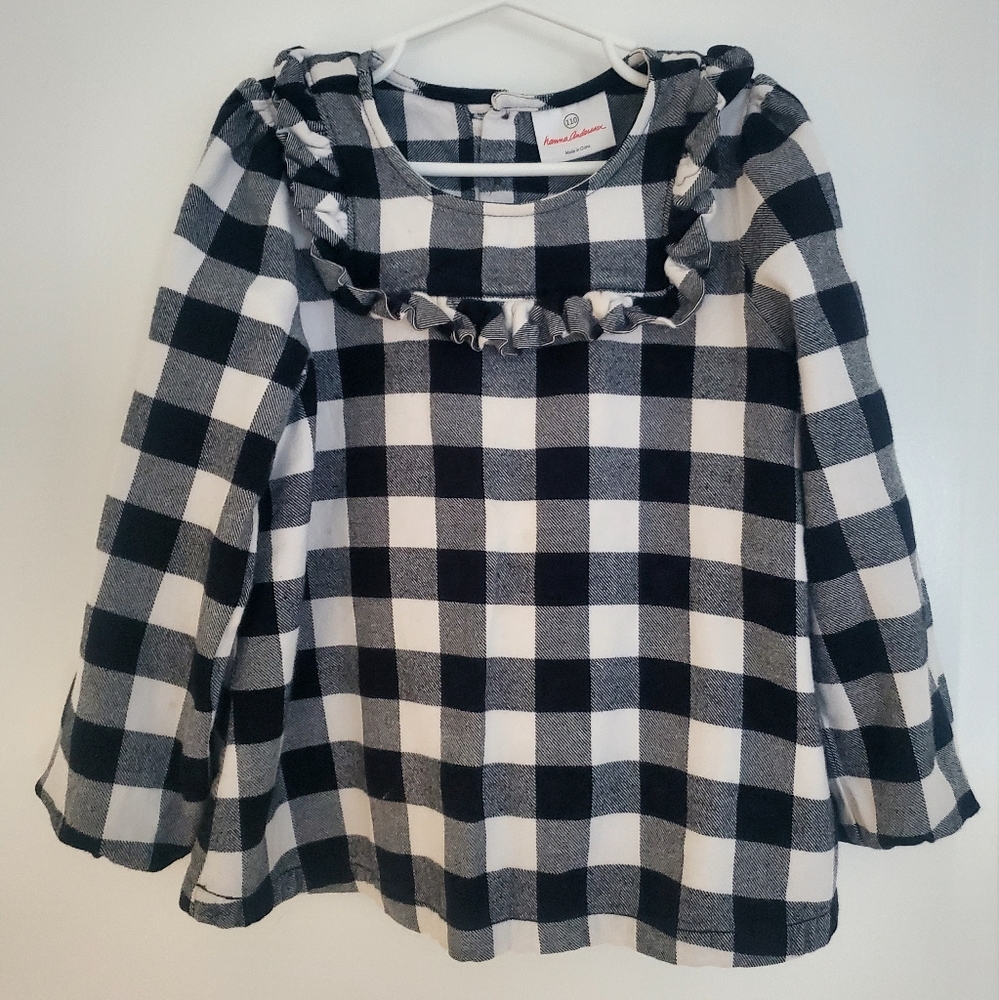 HANNA ANDERSSON 100% cotton ruffled black white plaid flannel blouse tunic shirt